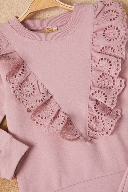 Pembe Önü Güpürlü İspanyol Paça Kız Çocuk Takım 16534