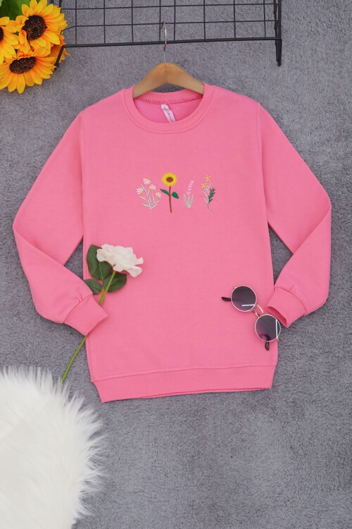 Pembe Papatya Nakışlı Kız Çocuk Kız Çocuk Sweatshirt 17205