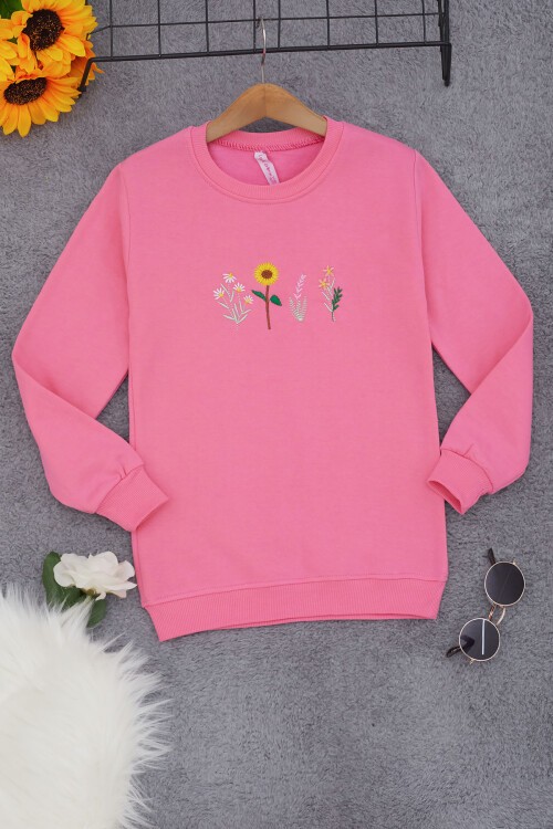 Pembe Papatya Nakışlı Kız Çocuk Kız Çocuk Sweatshirt 17205