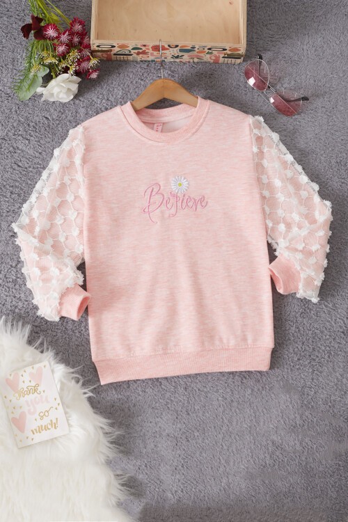 Pembe Papatya Nakışlı Kolları Dantelli Kız Çocuk Sweatshirt 17166