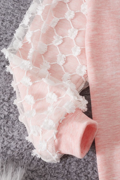 Pembe Papatya Nakışlı Kolları Dantelli Kız Çocuk Sweatshirt 17166