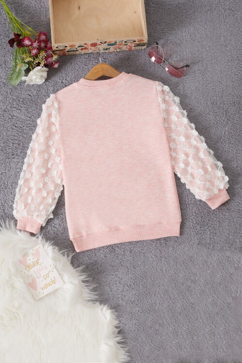 Pembe Papatya Nakışlı Kolları Dantelli Kız Çocuk Sweatshirt 17166