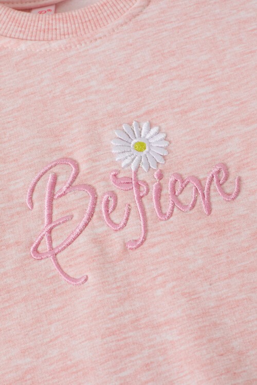 Pembe Papatya Nakışlı Kolları Dantelli Kız Çocuk Sweatshirt 17166