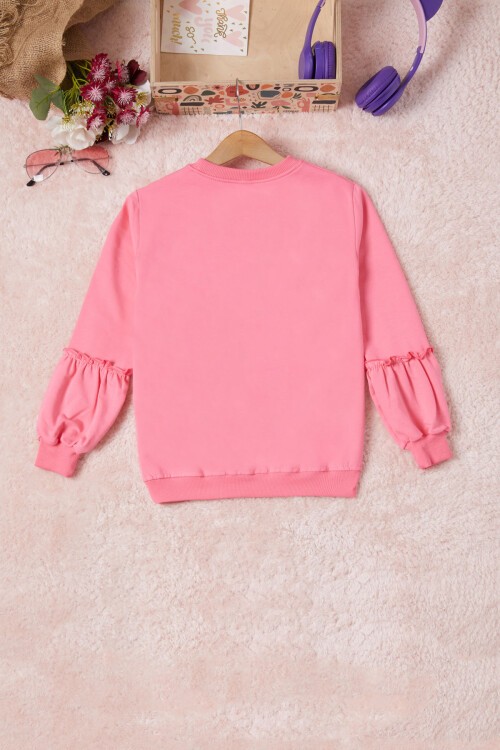 Pembe Renkli Kalp Desenli Payetli Kız Çocuk Sweatshirt 16693