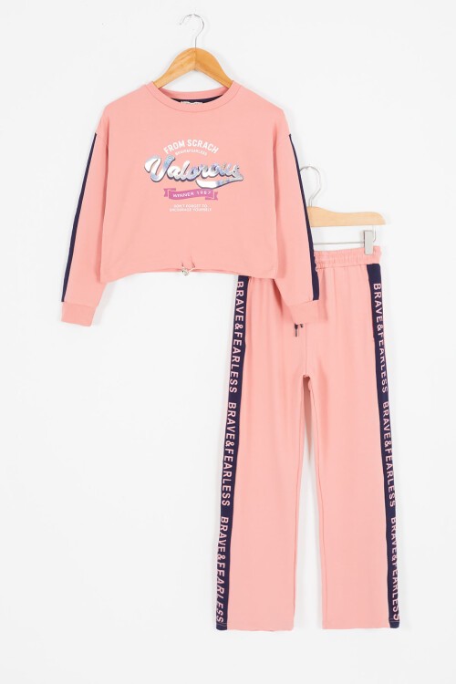 Pembe Şerit Yazılı Payetli Kız Çocuk Eşofman Takımı 17129