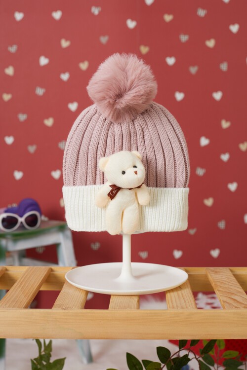 Pembe Sevimli Ayıcıklı Renkli Ponponlu Çocuk Bere 17232