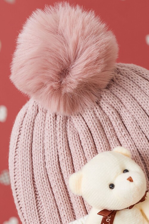 Pembe Sevimli Ayıcıklı Renkli Ponponlu Çocuk Bere 17232