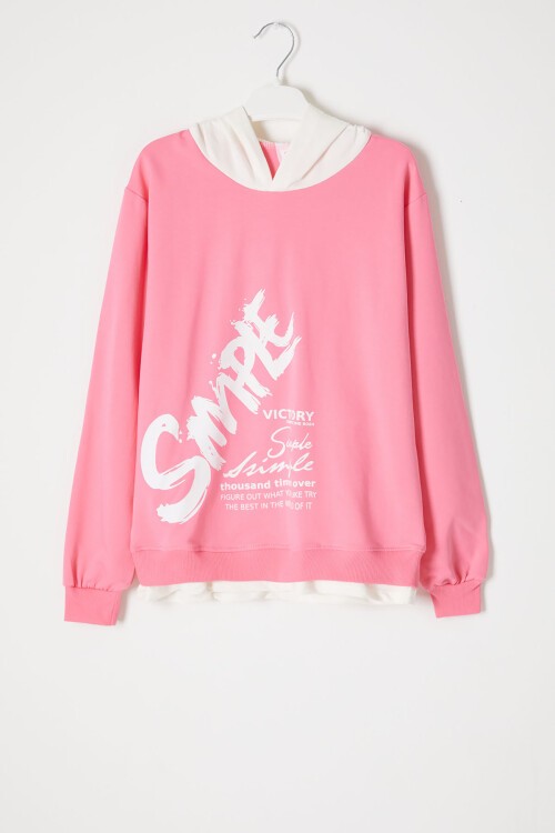Pembe Simple Yazı Baskı Kapüşonlu Kız Sweatshirt 16600
