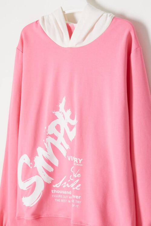 Pembe Simple Yazı Baskı Kapüşonlu Kız Sweatshirt 16600
