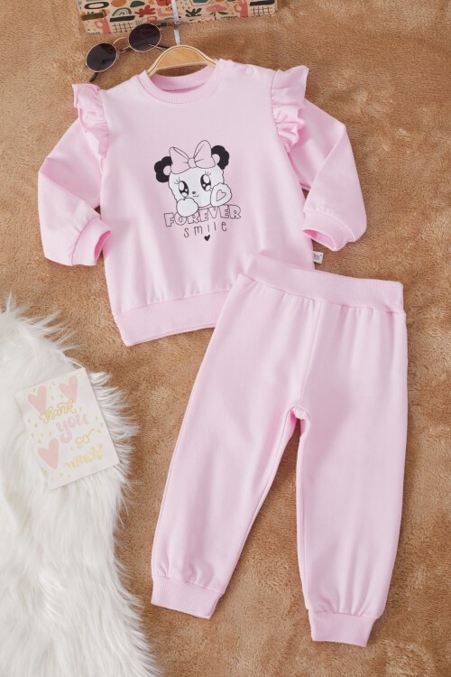 Pembe Smile Baskılı Volanlı Kız Bebek Takımı 17175