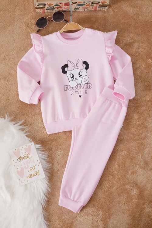 Pembe Smile Baskılı Volanlı Kız Bebek Takımı 17175