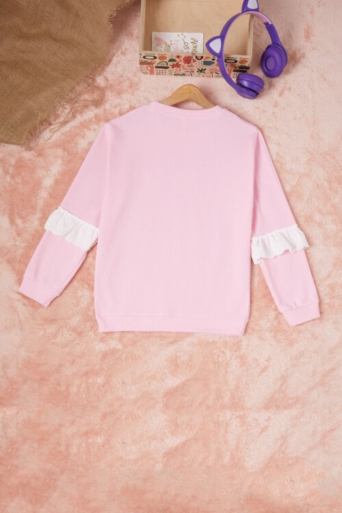 Pembe Smile Nakışlı Kız Çocuk Waffle Sweatshirt 16592