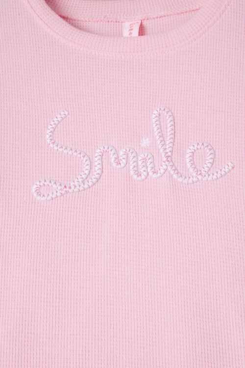 Pembe Smile Nakışlı Kız Çocuk Waffle Sweatshirt 16592