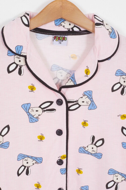 Pembe Tavşan Desenli Düğmeli Kız Çocuk Pijama Takımı 17087