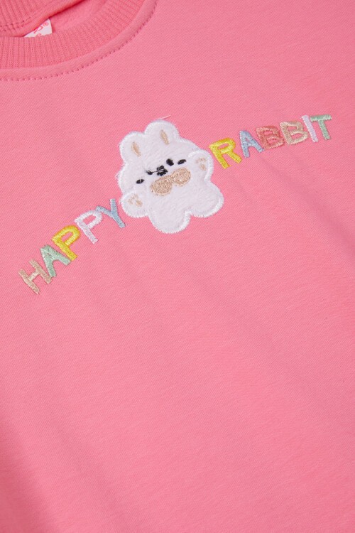 Pembe Tavşan Nakışlı Yazılı Kız Çocuk Sweatshirt 16943