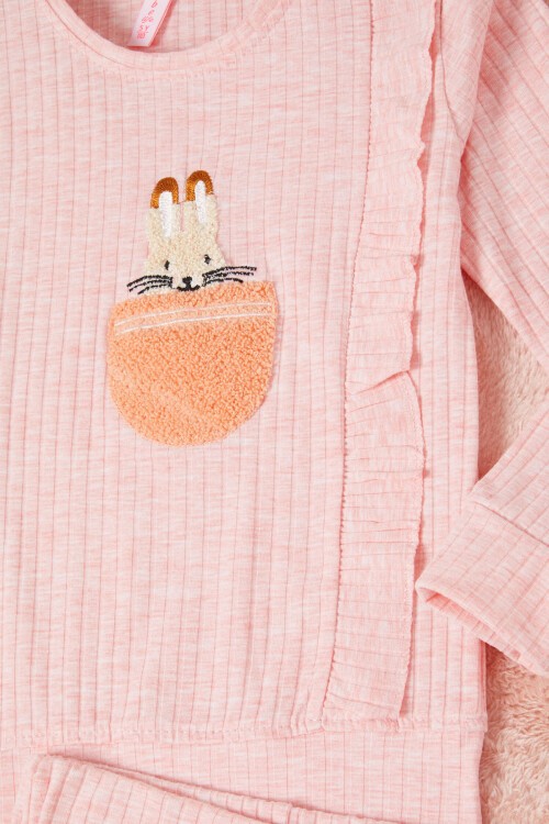 Pembe Tavşan Nakışlı Yırtmaçlı Önü Fırfırlı Kız Takım 16607