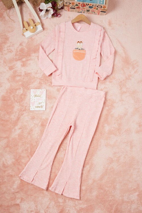 Pembe Tavşan Nakışlı Yırtmaçlı Önü Fırfırlı Kız Takım 16607