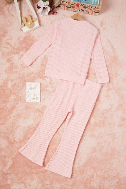 Pembe Tavşan Nakışlı Yırtmaçlı Önü Fırfırlı Kız Takım 16607