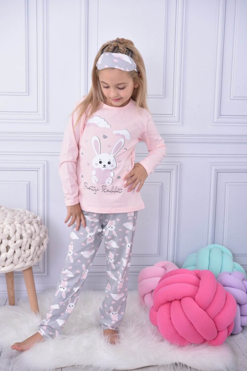 Pembe Tavşanlı Bulut Desenli Kız Çocuk Pijama Takımı 17038