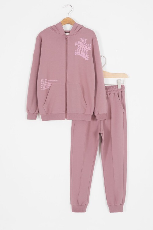 Pembe Universe Baskılı Kapüşonlu Hırkalı Kız Eşofman Takımı 16799