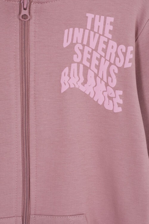 Pembe Universe Baskılı Kapüşonlu Hırkalı Kız Eşofman Takımı 16799