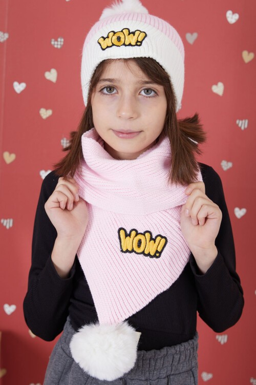 Pembe WOW Yazılı Ponponlu Kız Çocuk Atkı Bere Seti 17294