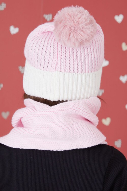 Pembe Yazı Nakışlı Ponponlu Kız Çocuk Atkı Bere Seti 17289