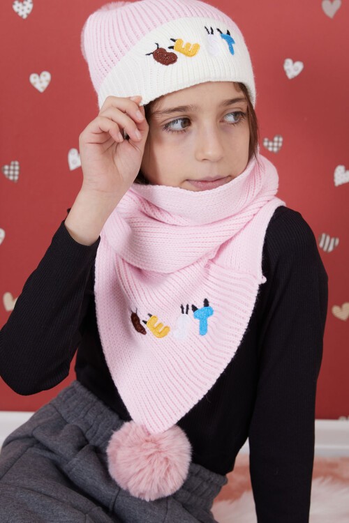 Pembe Yazı Nakışlı Ponponlu Kız Çocuk Atkı Bere Seti 17289