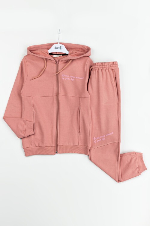 Pembe Yazılı Fermuarlı Hırkalı Kız Çocuk Takımı 16619