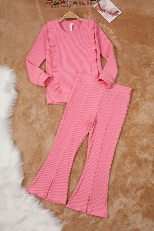 Pembe Yırtmaçlı Önü Fırfırlı Kız Çocuk Takım 17086