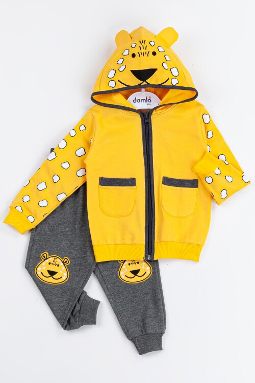 Sarı Ayıcık Nakışlı Kapşonlu Hırkalı Erkek Bebek Takımı 16629