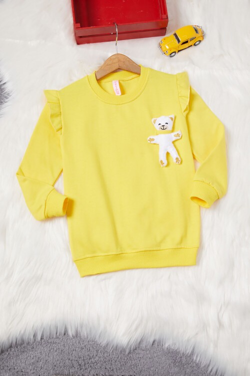Sarı Ayıcıklı Kolları Volanlı Kız Çocuk Şardonlu Sweatshirt 16979