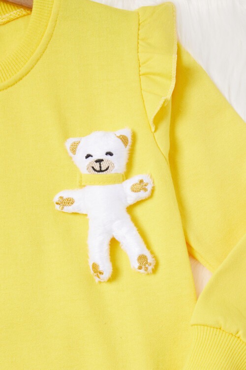 Sarı Ayıcıklı Kolları Volanlı Kız Çocuk Şardonlu Sweatshirt 16979