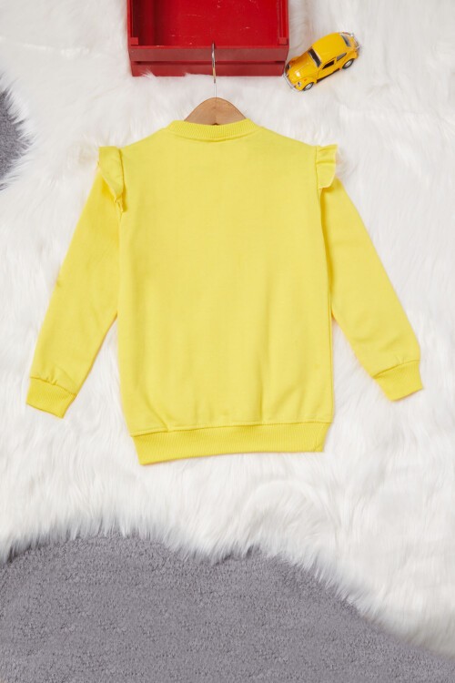 Sarı Ayıcıklı Kolları Volanlı Kız Çocuk Şardonlu Sweatshirt 16979