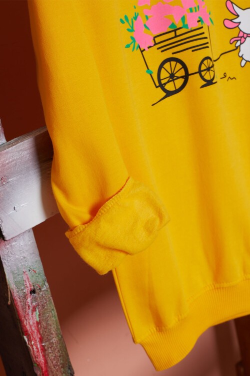 Sarı Çiçekli Tavşan Baskılı Kız Çocuk Sweatshirt 17277