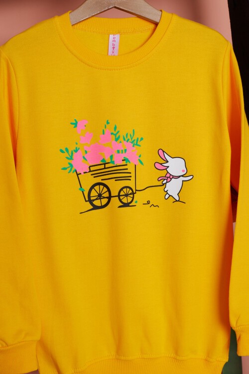 Sarı Çiçekli Tavşan Baskılı Kız Çocuk Sweatshirt 17277