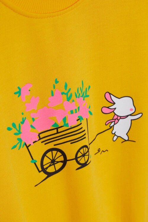 Sarı Çiçekli Tavşan Baskılı Kız Çocuk Sweatshirt 17277