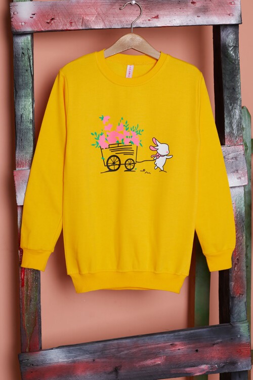 Sarı Çiçekli Tavşan Baskılı Kız Çocuk Sweatshirt 17277