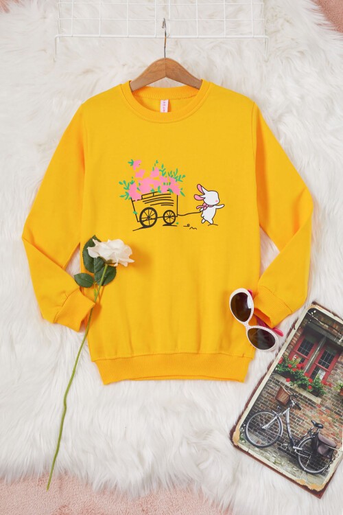 Sarı Çiçekli Tavşan Baskılı Kız Çocuk Sweatshirt 17277