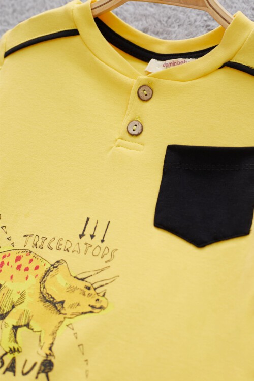 Sarı Dinozor Baskılı Cepli Erkek Bebek Eşofman Takımı 17322