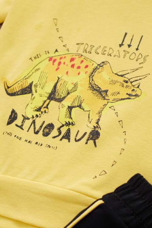 Sarı Dinozor Baskılı Cepli Erkek Bebek Eşofman Takımı 17322