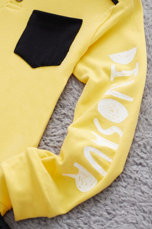 Sarı Dinozor Baskılı Cepli Erkek Bebek Eşofman Takımı 17322