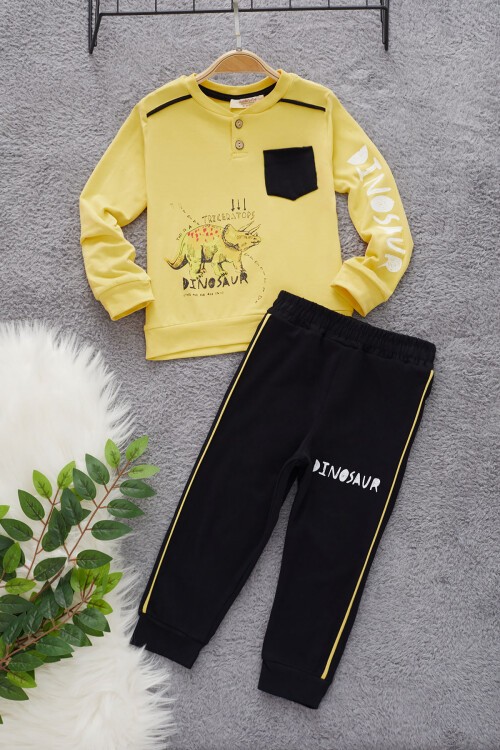 Sarı Dinozor Baskılı Cepli Erkek Bebek Eşofman Takımı 17322