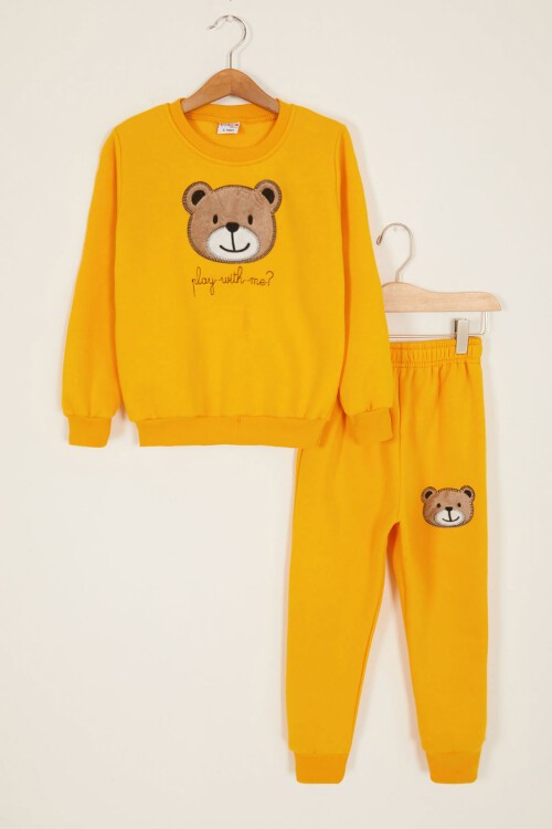 Sarı Erkek Çocuk Sevimli Ayıcık Temalı Şardonlu 3 İplik 2li Takım