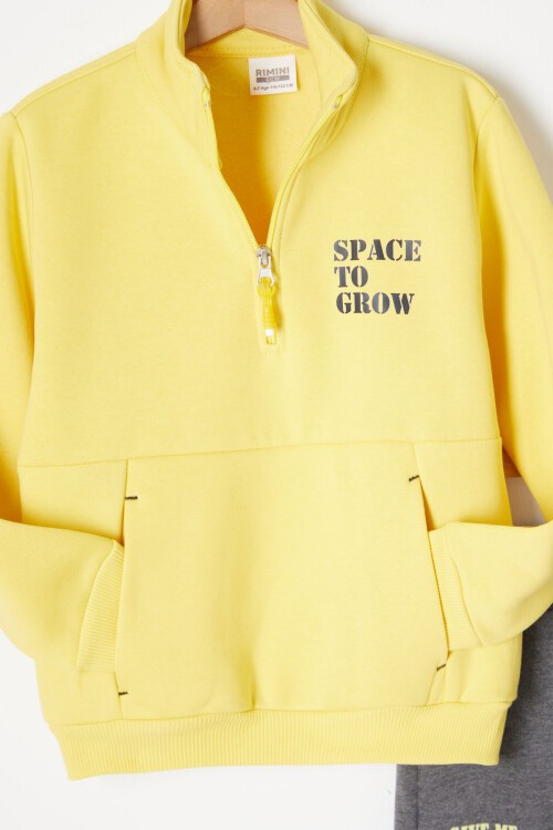 Sarı Fermuarlı Yaka Yazılı Erkek Çocuk Polarlı Eşofman Takımı 16743