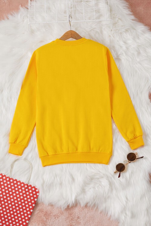 Sarı Gülen Yüz Baskılı Kız Çocuk Bisiklet Yaka Sweatshirt 17283