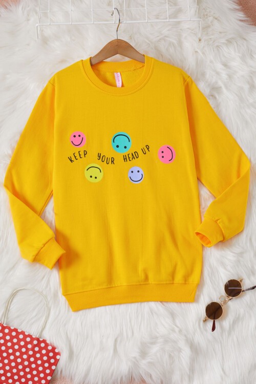 Sarı Gülen Yüz Baskılı Kız Çocuk Bisiklet Yaka Sweatshirt 17283