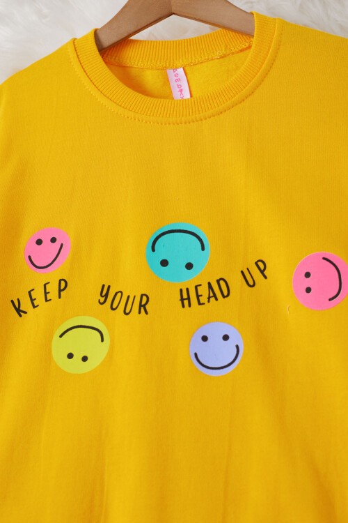 Sarı Gülen Yüz Baskılı Kız Çocuk Bisiklet Yaka Sweatshirt 17283