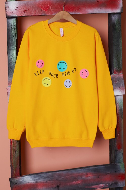Sarı Gülen Yüz Baskılı Kız Çocuk Bisiklet Yaka Sweatshirt 17283