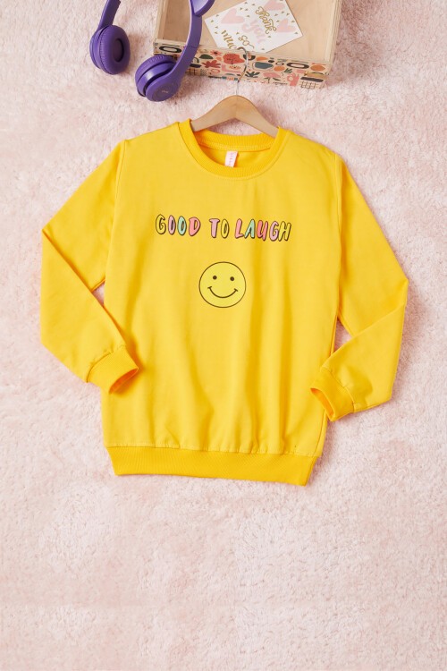 Sarı Gülen Yüz Sırtı Baskılı Kız Çocuk Sweatshirt 16704